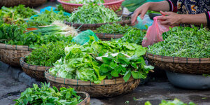 Grünes Gemüse in verschiedenen Schalen, zum Verkauf angeboten