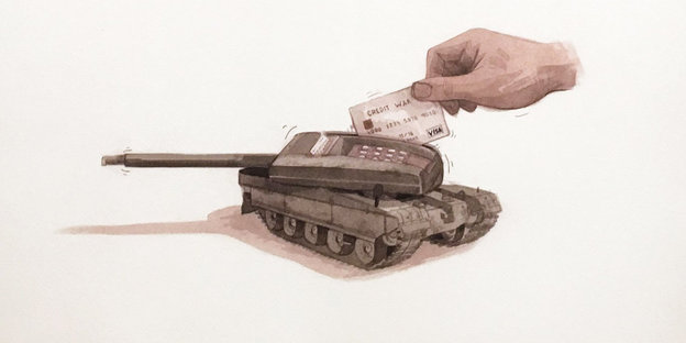 Eine Zeichnung zeigt eine Hand, die eine Kreditkarte in einen Panzer steckt