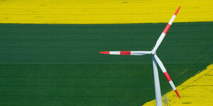 Windrad auf grün-gelbem Feld