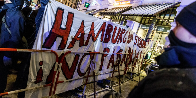 Vermummte Demonstranten mit Transparent