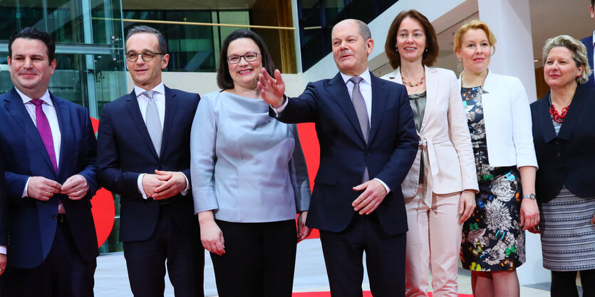 Hubertus Heil, Heiko Maas, Andrea Nahles, Katarina Barley, Olaf Scholz, Franziska Giffey und Svenja Schulze