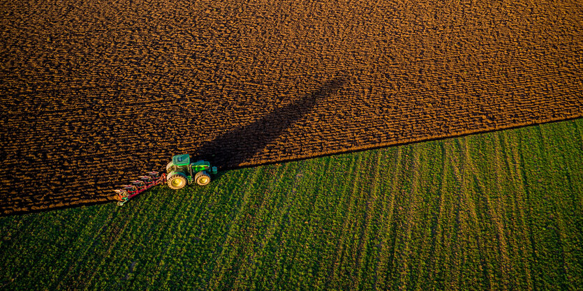 Ein Traktor pflügt ein großes Feld