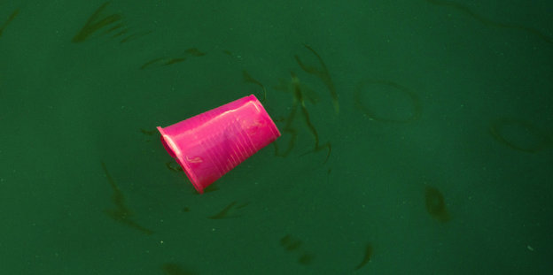 Roter Plastikbecher schwimmt im Hafenbecken