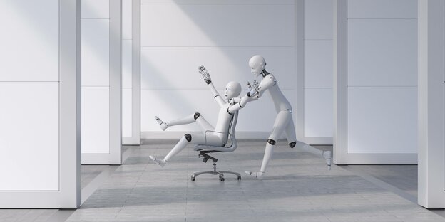 Zwei Roboter, einer sitzt auf einem Schreibtischstuhl, der andere schiebt ihn