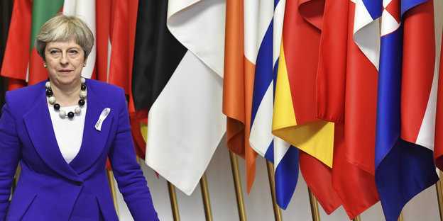 Theresa May schreitet im blauen Kostüm an Flaggen der EU-Mitgliedsstaaten vorbei