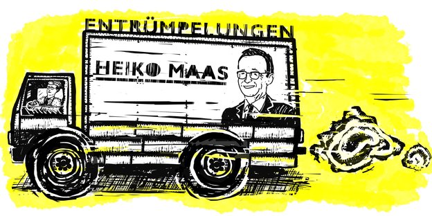 Eine Zeichnung zeigt einen Lastwagen, auf dem ein Bild von Heiko Maas zu sehen ist, darüber steht: Entrümpelungen