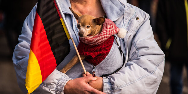 Eine Person hält eine Flagge und einen kleinen Hund im Arm