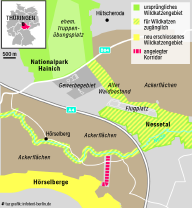Eine detaillierte Landkarte zeigt den Verlauf des Katzenkorridors zwischen Hainich und Hörselbergen