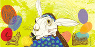Eine bunte Illustration von einem Hasen mit Pusteblume im Mund