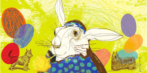 Eine bunte Illustration von einem Hasen mit Pusteblume im Mund