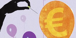 Eine Illustration zeigt, wie eine Hand mit einer Nadel in einen Ballon pieckst, auf dem ein Eurozeichen abgebildet ist