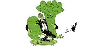 Illustration eines Mannes in Anzug, der Arm in Arm mit einem Brokkoli und einer Kartoffel tanzt