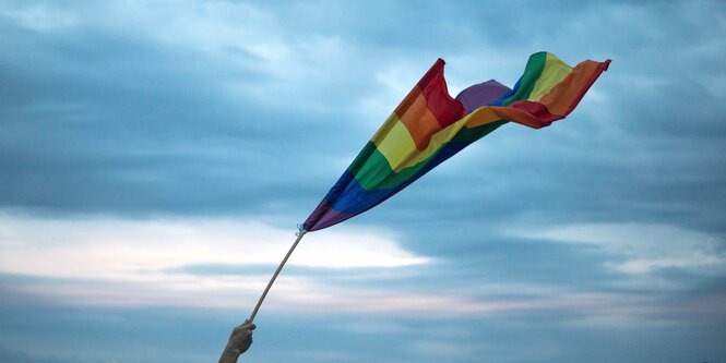 Eine Hand schwänkt eine Regenbogenfahne