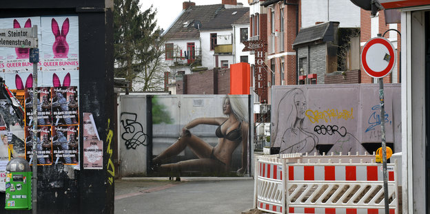 Eine Mauer und zwei Wände mit Bildern von Frauen in Unterwäsche versperren die Sicht in eine Straße.