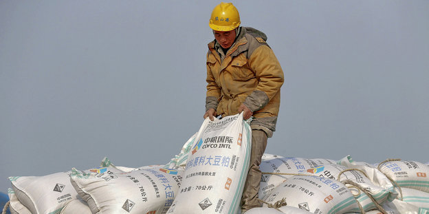 Ein Arbeiter sortiert Säcke mit importierten Sojabohnen.