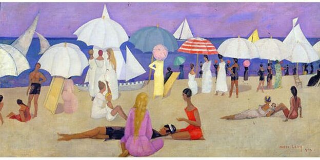 Ein Gemälde zeigt Menschen an einem Strand