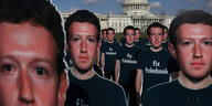 Demonstranten, die Masken mit dem Gesicht von Zuckerberg tragen vor dem Weißen Haus