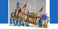 Eine Illustration. Menschen heben den Reichstag hoch