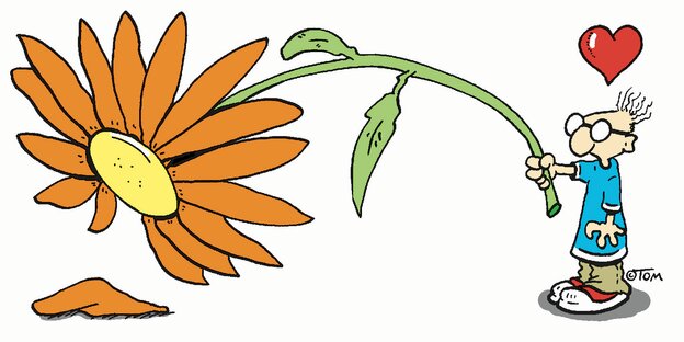 Zeichnung einer Fgur, die eine riesige Blume hält