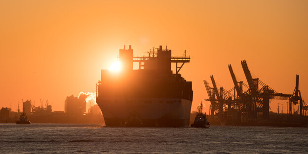 Containerschiff im Sonnenuntergang