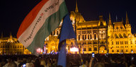 Demonstrierende mit Flaggen in Ungarn