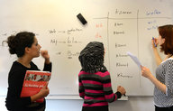 Eine Lehrerin und zwei Schülerinnen stehen vor einer Wandtafel mit konjugierten Verben.