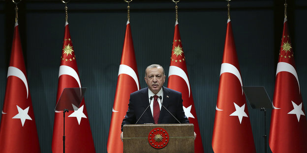 Erdogan steht winzig zwischen riesigen türkischen Flaggen