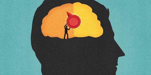 Illustration: Ein Männchen dreht einen Schalter im Gehirn