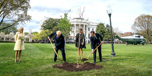 Trump und Macron pflanzen mit Spaten einen Baum. Ihre Ehefrauen stehen daneben, im Hintergrund sieht man das Weiße Haus.