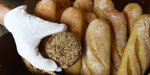 Brötchen und Baguettes liegen in einem Korb. Eine Hand in einem Handschuh greift danach.