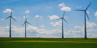 Windkrafträder auf grüner Wiese vor blauem Himmel