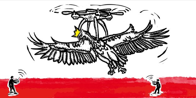 Eine Zeichnung zeigt zwei Männer, die mit einer ferngesteuerten Drohne den polnischen Staatsadler entfernen