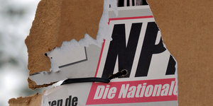 ein zerrissenes Wahlplakat der NPD hängt an einem Laternenmast