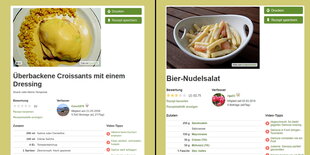 Screenshot von zwei Rezepten: Überbackene Croissants mit einem Dressing und Bier-Nudelsalat