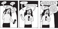 Ein Auszug aus einem Comic zeigt auf drei Bildern eine Frau mit Sprechblasen um sie herum