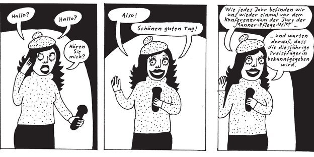 Ein Auszug aus einem Comic zeigt auf drei Bildern eine Frau mit Sprechblasen um sie herum