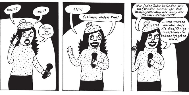 Ein Auszug aus einem Comic zeigt auf drei Bildern eine Frau mit Sprechblasen um sie herum