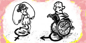 Eine Zeichnung, in der eine Frau seil springt und ein Mann im Rollstuhl sitzt