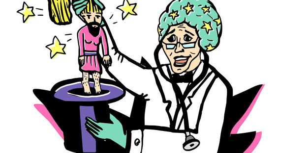 Ein Arzt zieht eine Puppe mit blonden Haaren und Bart aus einem Hut.