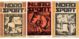 Drei Titelblätter der Zeitung Nordsport. Sie zeigen Holzschnitte von Sportlern und Arbeitern.