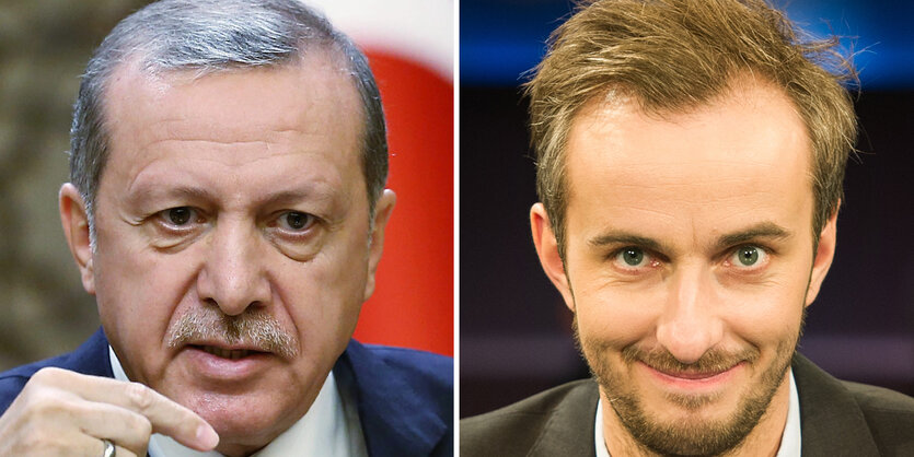 Links der Kopf des türkischen Präsidenten Erdogan, daneben der Kopf des Fernsehmoderators Böhmermann