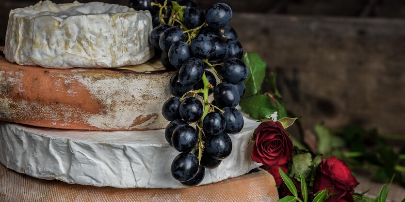 Verschiedene Käse liegen übereinandergestapelt. Darunter auch Camembert