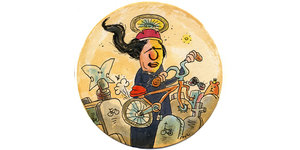 Karikatur, die einen Mann zeigt - mit langen Haaren und Heiligenschein. Er steht zwischen Gräbern und hält ein Fahrrad in der Hand