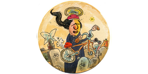 Karikatur, die einen Mann zeigt - mit langen Haaren und Heiligenschein. Er steht zwischen Gräbern und hält ein Fahrrad in der Hand