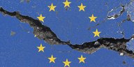 Die Europafahne auf Asphalt gemalt, der aber einen großen Riss aufweist