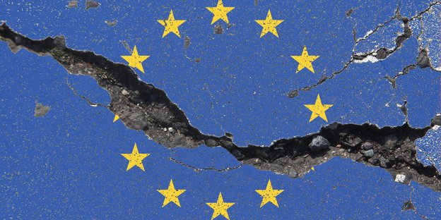 Die Europafahne auf Asphalt gemalt, der aber einen großen Riss aufweist