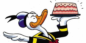 Donald Duck trägt eine Torte