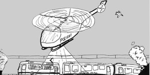 Eine Zeichnung, die einen tief fliegenden Polizeihubschrauber zeigt