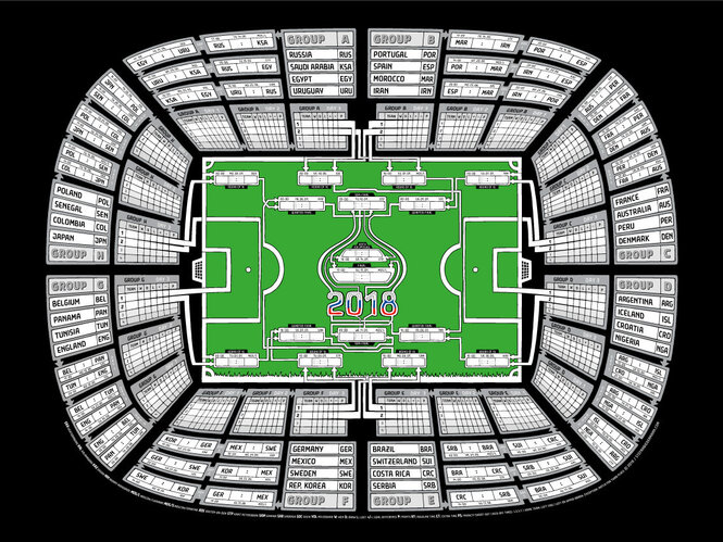 Draufsicht auf ein computeranimiertes Spielfeld in einem Stadion, das zugleich als Spielplan dient