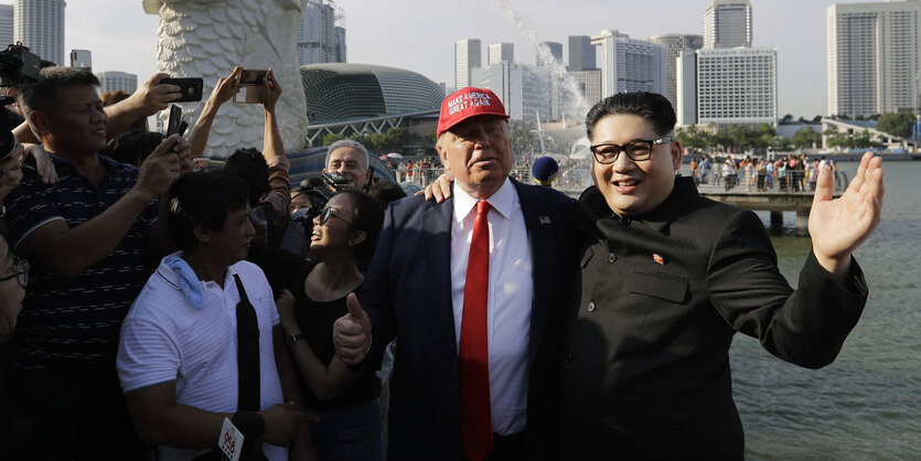 Doppelgänger des koreanischen Machthabers Kim Jong Un, und Dennis Alan, Doppelgänger von US-Präsident Donald Trump